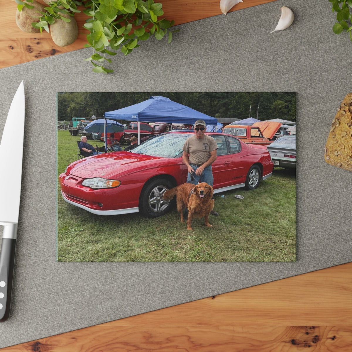 Personalized Photo Glass Cutting Board — Custom Car & Dog Keepsake - Millers Dirty Garage Shirts